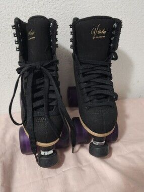 JACKSON Vista Women's Black Roller Skates with Purple Wheels and Gold Accents